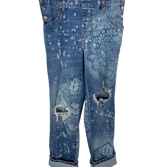 Upcycled Denim Overalls Jeans Womens Size Small Handmade Floral Blue Stretch - Picture 5 of 12